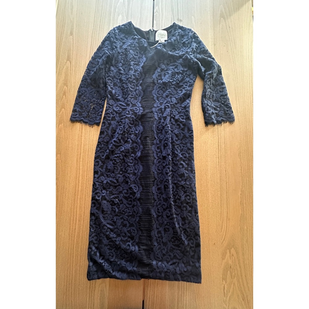 Erin Fetherston Navy Blue Lace Sheath Dress 3/4 Sleeve Midi Size 8